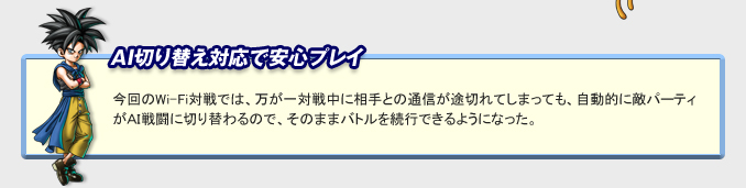 「AI切り替え対応で安心プレイ」
今回のWi-Fi対戦では、万が一対戦中に相手との通信が途切れてしまっても、自動的に敵パーティ
がAI戦闘に切り替わるので、そのままバトルを続行できるようになった。