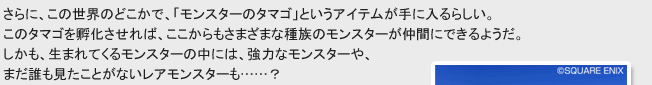 さらに、この世界のどこかで、「モンスターのタマゴ」というアイテムが手に入るらしい。
このタマゴを孵化させれば、ここからもさまざまな種族のモンスターが仲間にできるようだ。
しかも、生まれてくるモンスターの中には、強力なモンスターや、
まだ誰も見たことがないレアモンスターも……？
