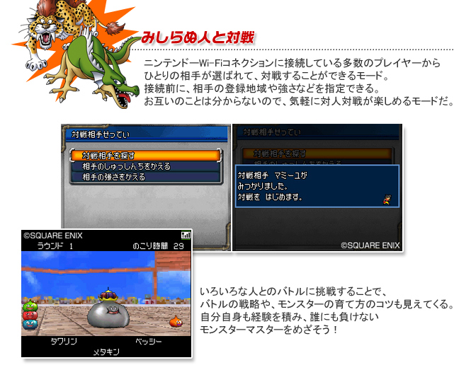 みしらぬ人と対戦　ニンテンドーWi-Fiコネクションに接続している多数のプレイヤーからひとりの相手が選ばれて、対戦することができるモード。接続前に、相手の登録地域や強さなどを指定できる。お互いのことは分からないので、気軽に対人対戦が楽しめるモードだ。　いろいろな人とのバトルに挑戦することで、バトルの戦略や、モンスターの育て方のコツも見えてくる。自分自身も経験を積み、誰にも負けないモンスターマスターをめざそう！